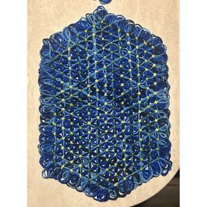 Vintage Handmade Woven Blue Green Floral Placemats Set of 4 Retro Boho Decor.GM